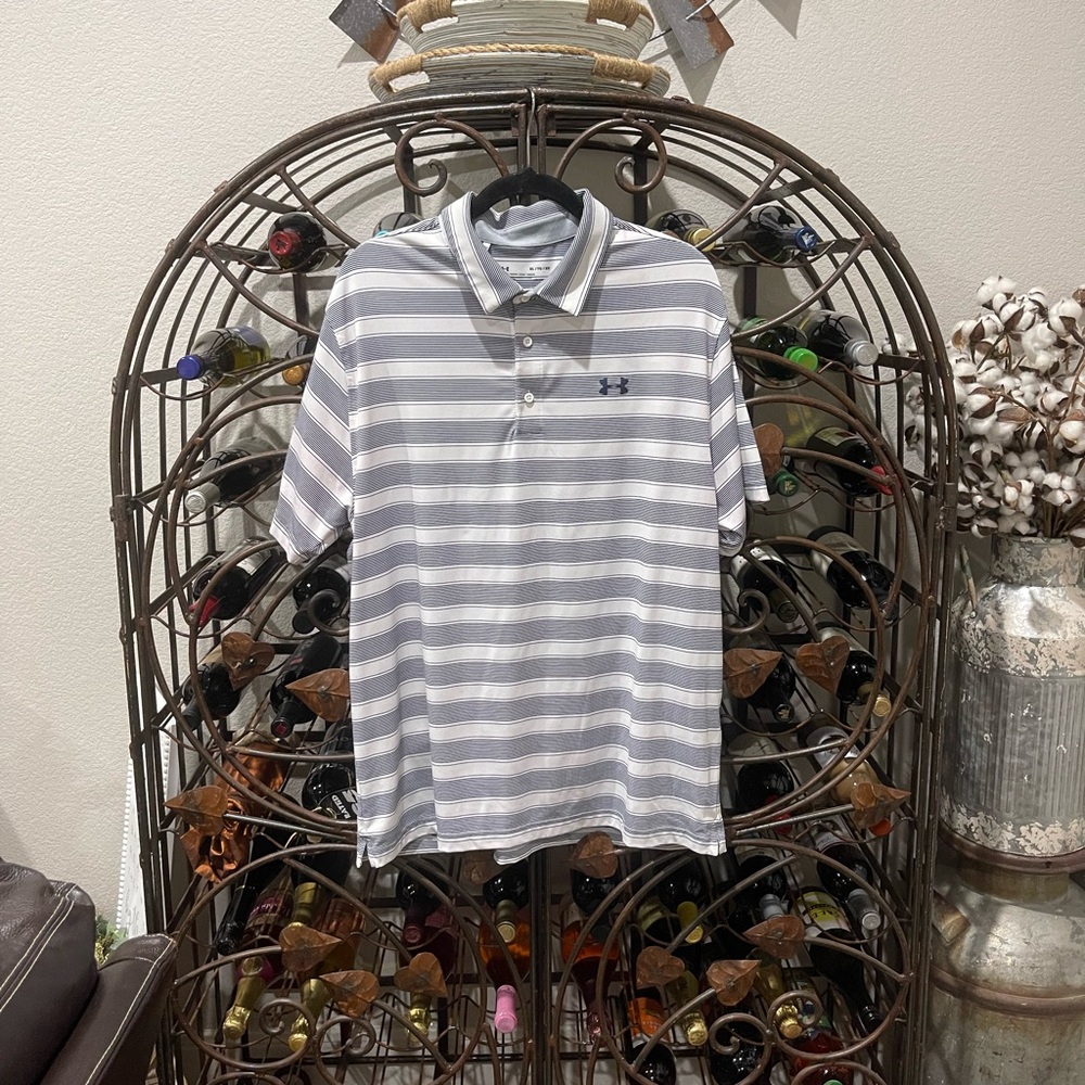 Under Armour Men's Polo Shirt in Gray and White Stripes